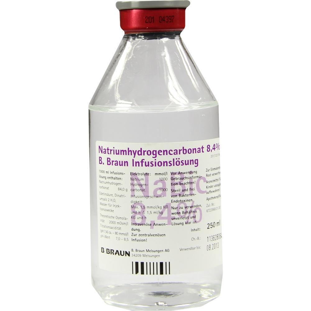 Eine Flasche mit Natriumhydrogencarbonat-Infusionslösung von B. Braun.