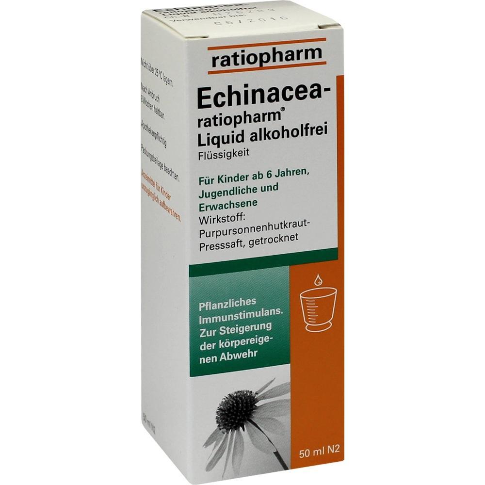 Verpackung von echinacea-ratiopharm alkoholfrei, ein pflanzliches Immunstimulans in 50 ml.