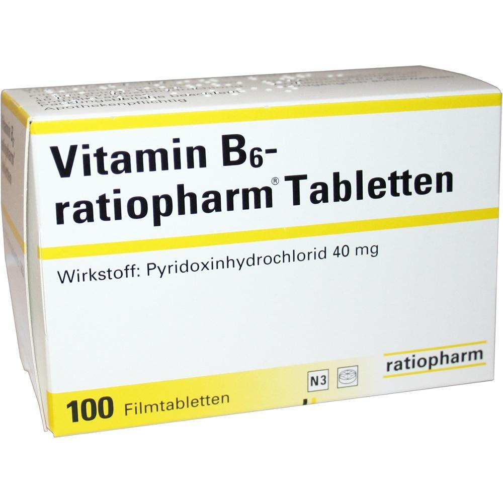 Packung mit Vitamin B6-Tabletten von Ratiopharm, 100 St&uuml;ck.