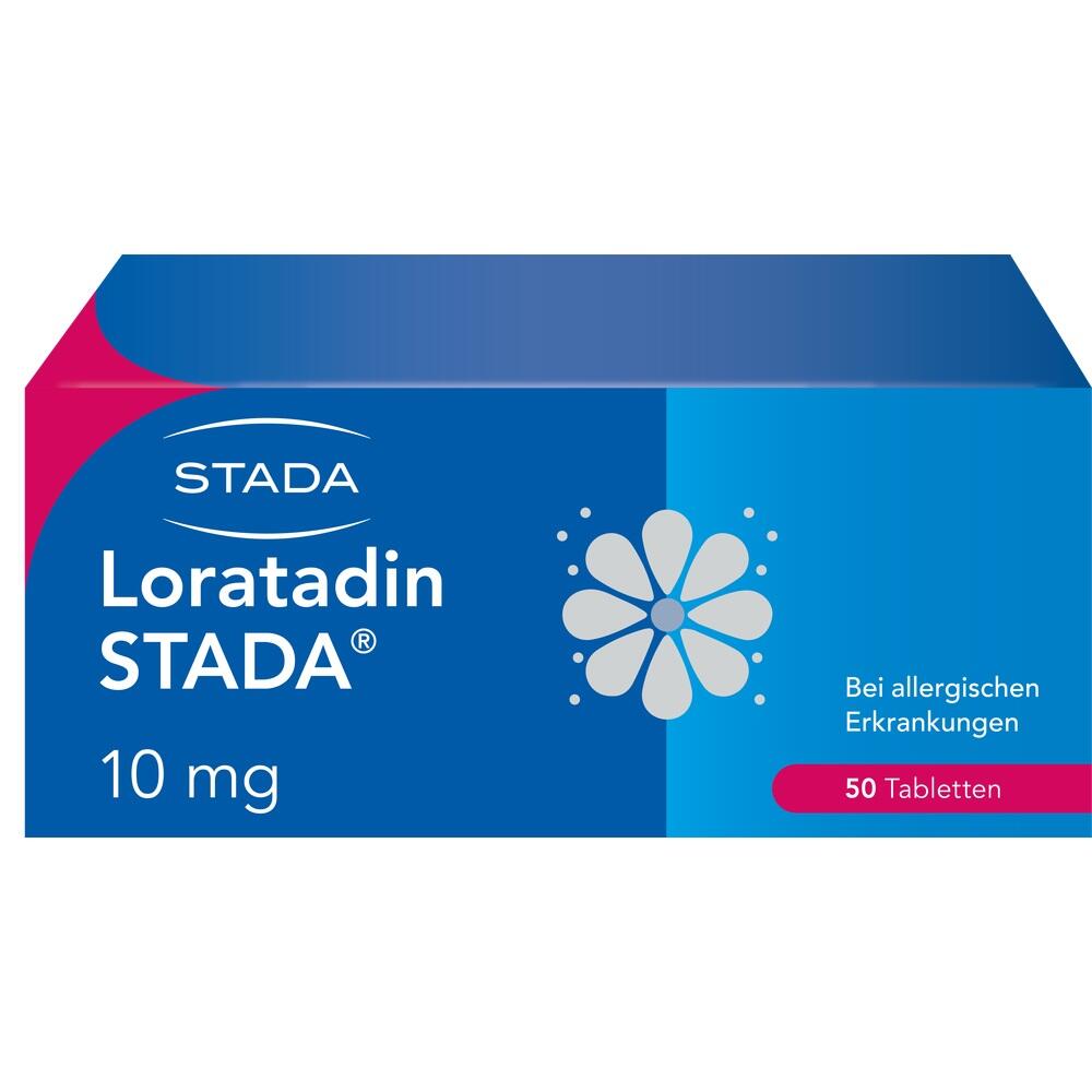Eine blaue Medikamentenverpackung mit 50 Loratadin-Tabletten f&uuml;r Allergien.