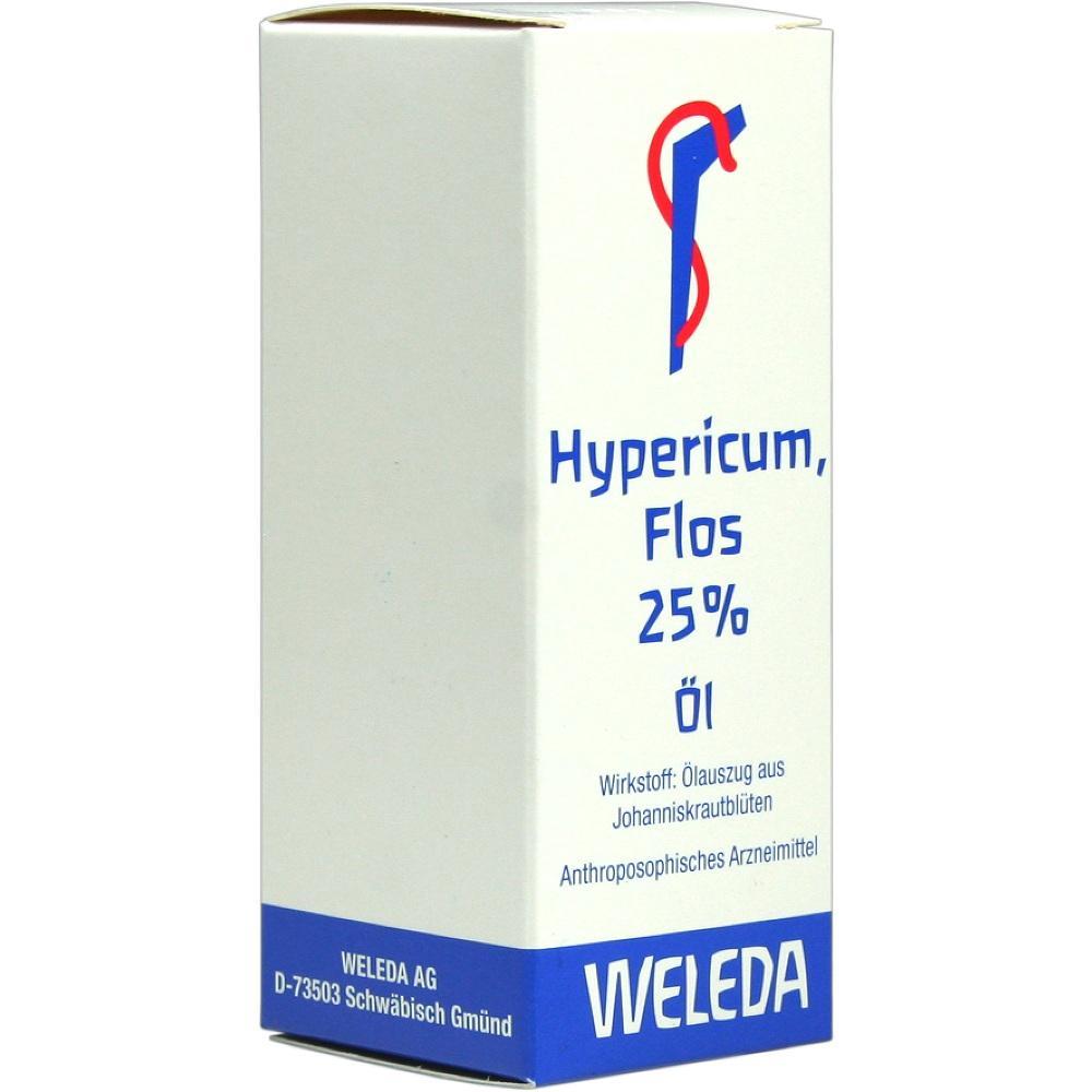 Wei&szlig;e Verpackung mit der Aufschrift "Hypericum, Flos 25% &Ouml;l" von Weleda.