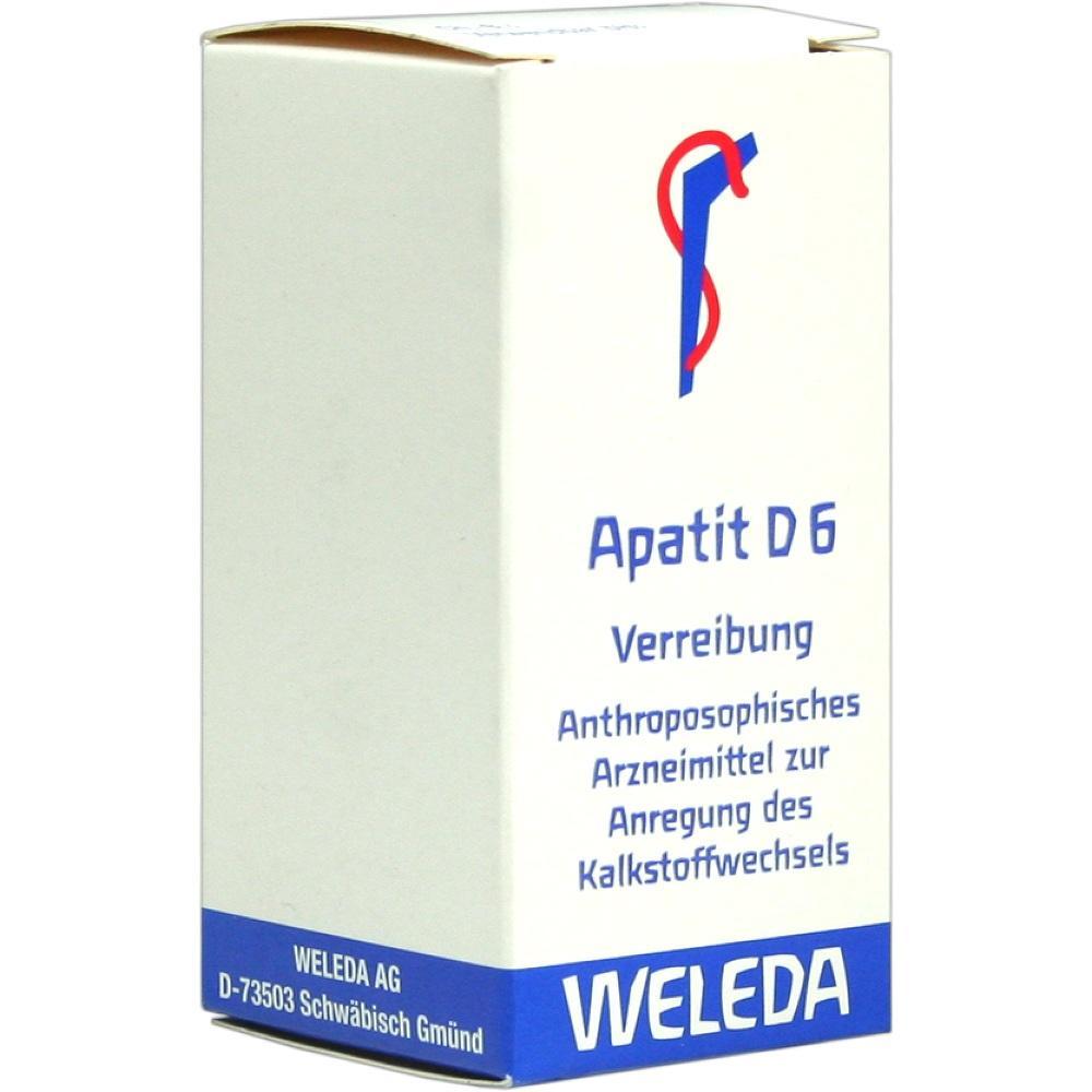 Wei&szlig;e Verpackung von Weleda mit blauem und rotem Logo, Aufschrift "Apatit D6".