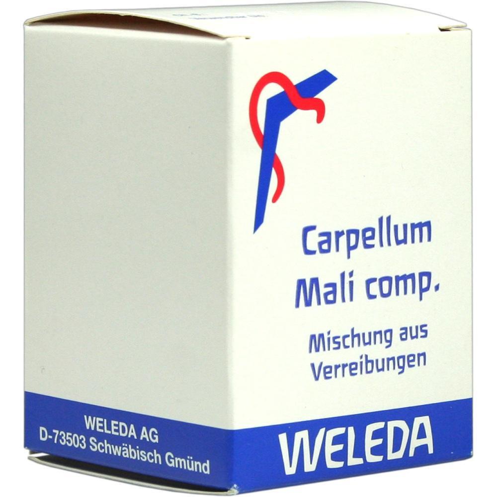 Wei&szlig;e Verpackung mit blauem und rotem Design und dem Text "Carpellum Mali comp.".
