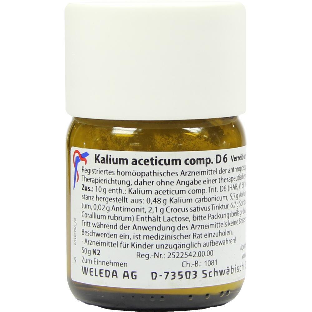 Kleines Medizinfl&auml;schchen mit dem Etikett "Kalium aceticum comp. D6".