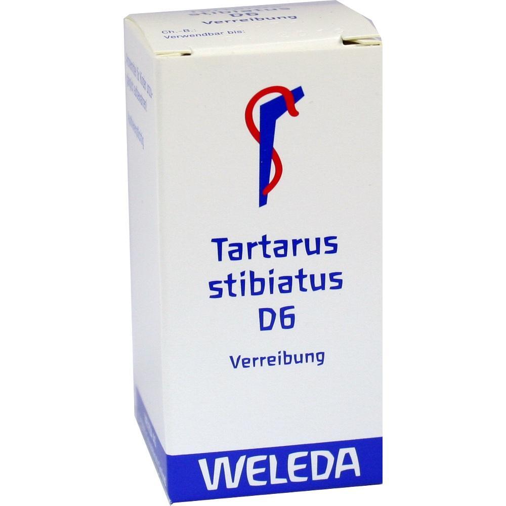 Eine wei&szlig;e Medikamentenpackung von Weleda mit der Aufschrift Tartarus stibiatus D6.