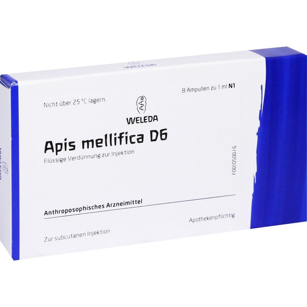 Wei&szlig;e Medikamentenverpackung mit der Aufschrift "Apis mellifica D6" und blauer Seitenrand.