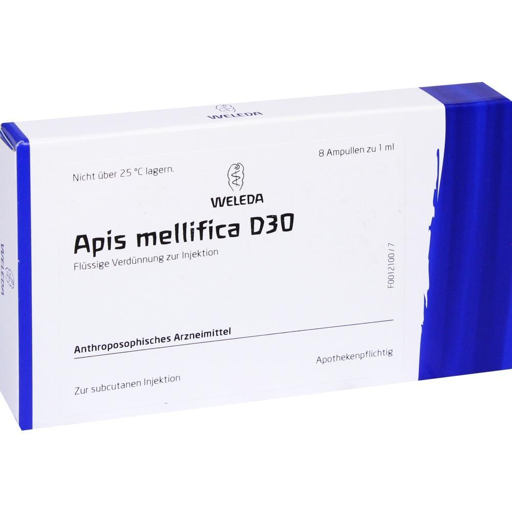 Eine wei&szlig;e Medikamentenverpackung mit der Aufschrift "Apis mellifica D30".