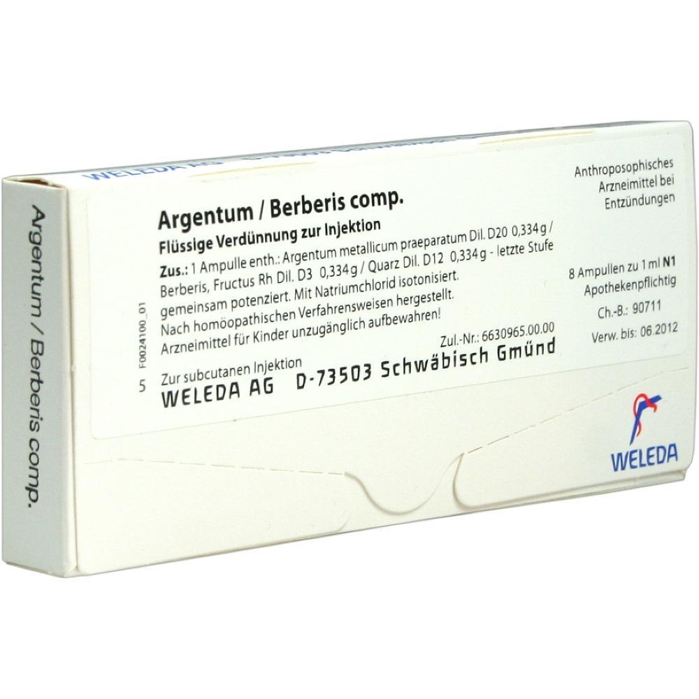 Schachtel mit Argentin/Berberis Injektion von Weleda, zur Behandlung von Entz&uuml;ndungen.