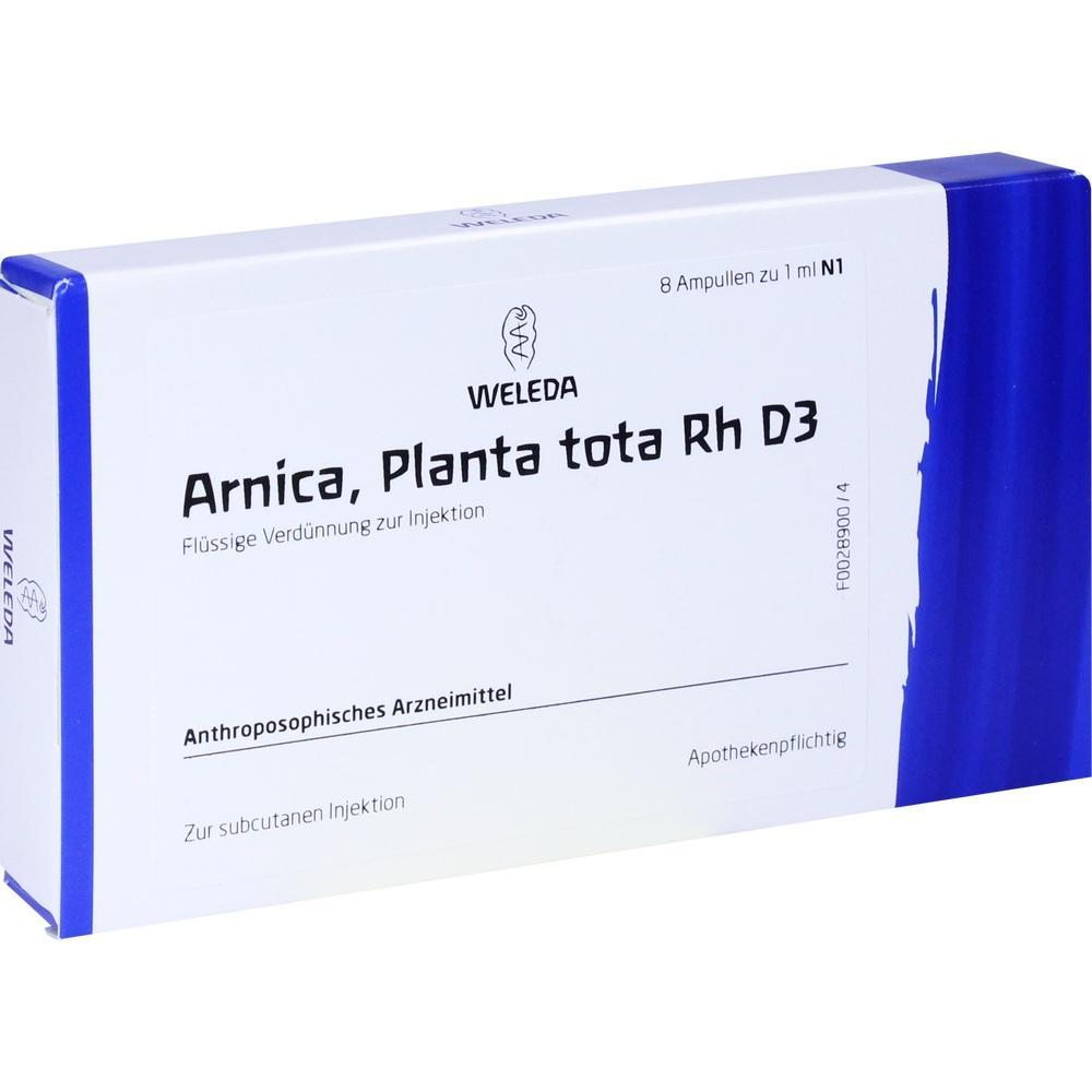 Wei&szlig;e Medikamentenschachtel mit blauer Kante, beschriftet mit "Arnica, Planta tota Rh D3".
