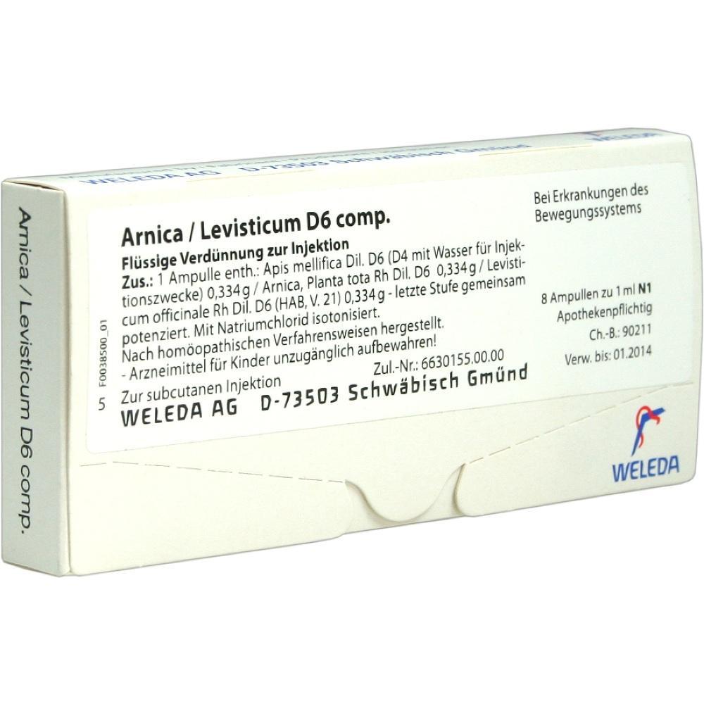 Eine Arzneimittelverpackung f&uuml;r Arnica/Levisticum D6 zur Injektion von Weleda.