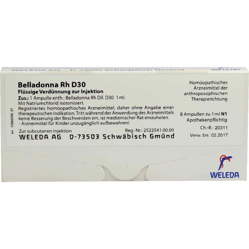 Verpackung einer hom&ouml;opathischen Injektion mit der Aufschrift "Belladonna Rh D30".