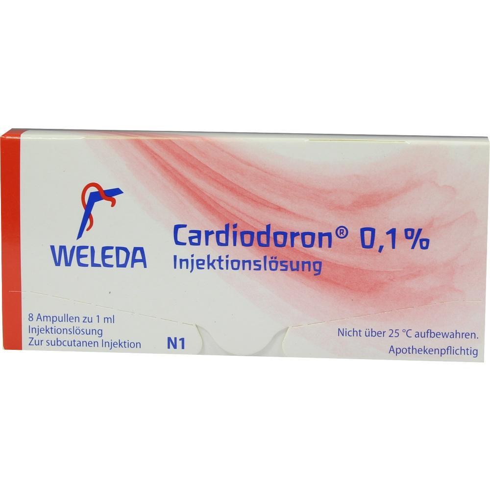 Eine Packung "Weleda Cardiodoron 0,1% Injektionsl&ouml;sung" mit 8 Ampullen.