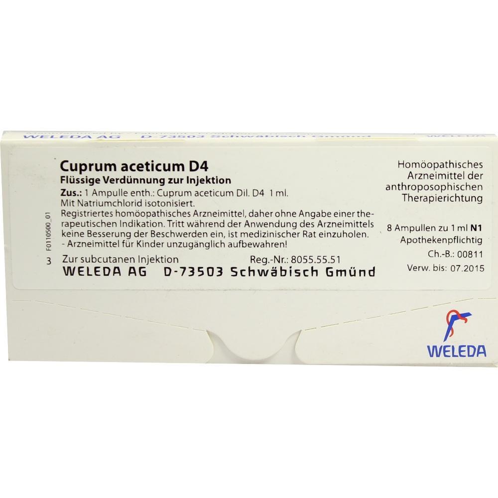 Packung mit hom&ouml;opathischem Mittel "Cuprum aceticum D4" zur Injektion von Weleda.