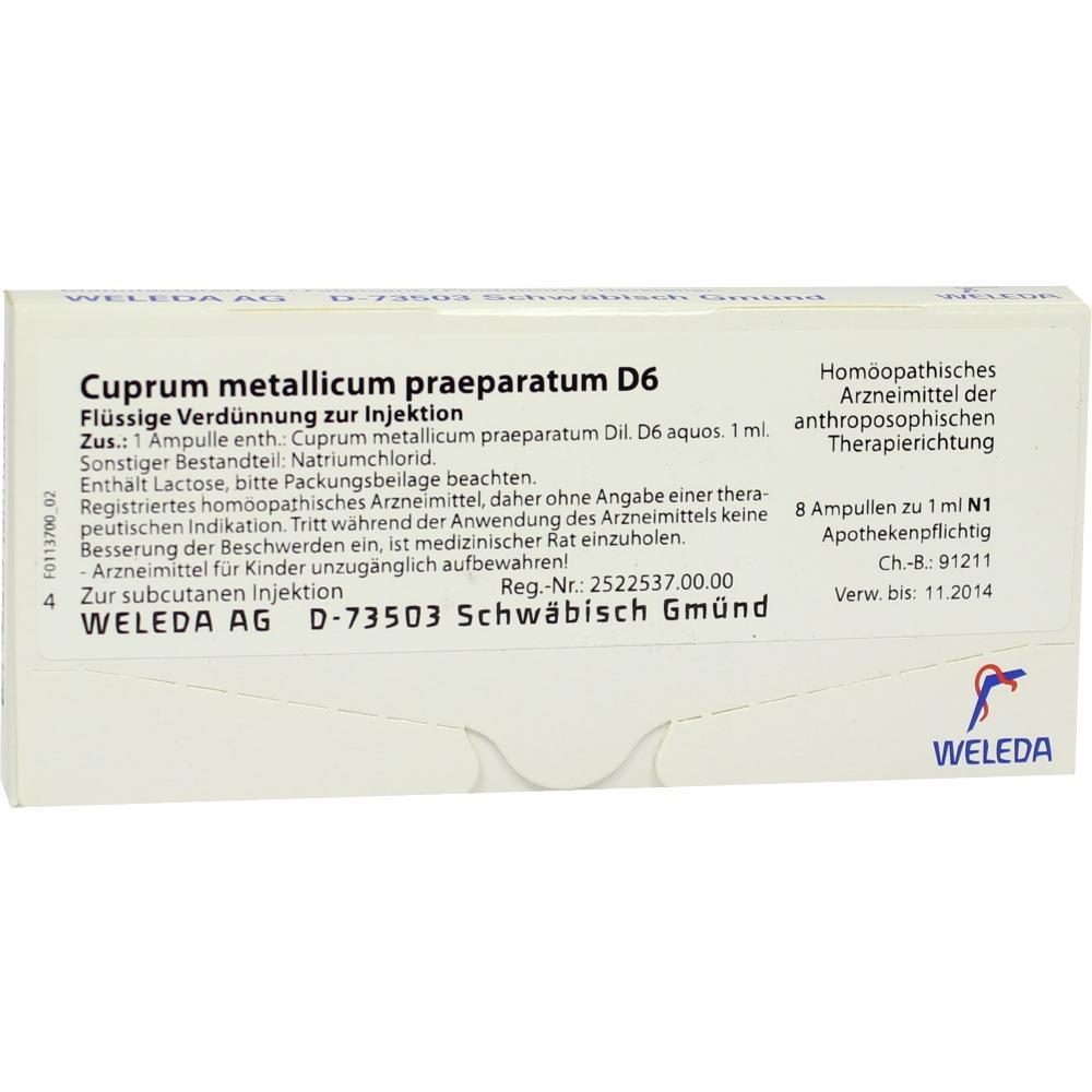 Packung von hom&ouml;opathischem Arzneimittel "Cuprum metallicum praep" mit 8 Ampullen.