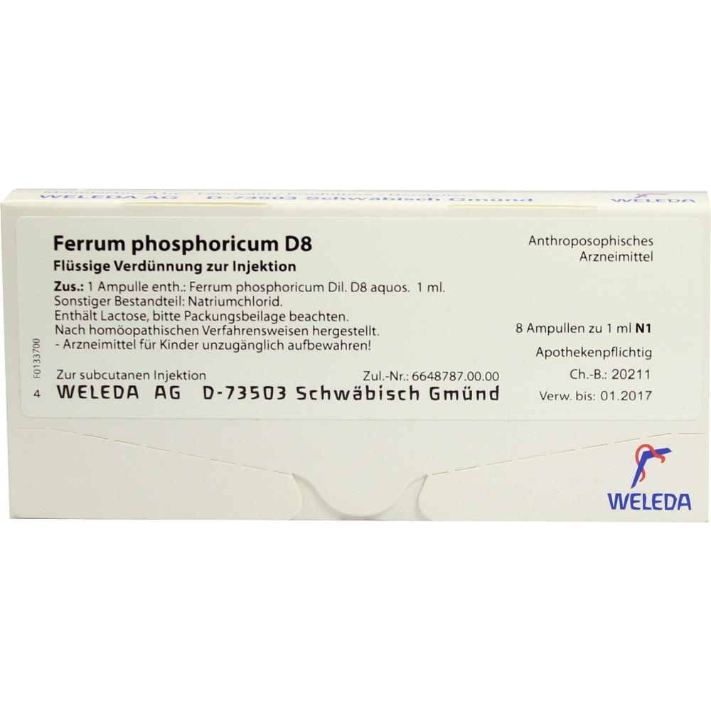 Eine Medikamentenverpackung von "Ferrum phosphoricum D8" f&uuml;r Injektionen.
