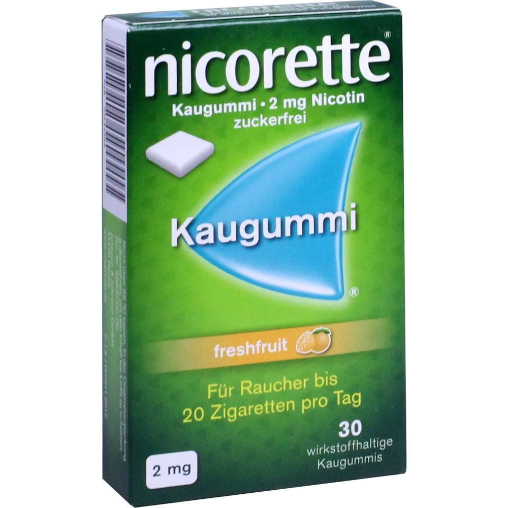 Gr&uuml;ne Packung Nicorette-Kaugummi mit 2 mg Nikotin, zuckerfrei, freshfruit-Geschmack.