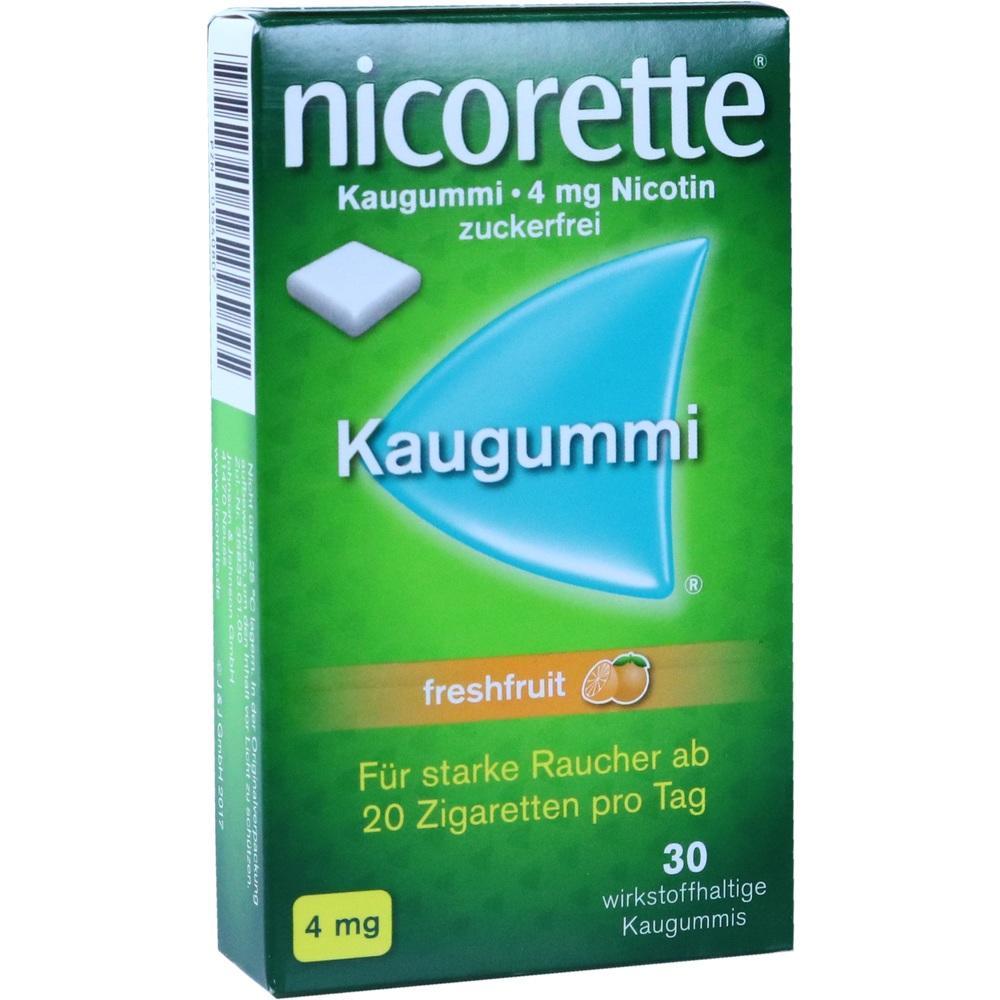 Gr&uuml;ne Packung von Nicorette-Nikotin-Kaugummi f&uuml;r starke Raucher mit Fruchtgeschmack.