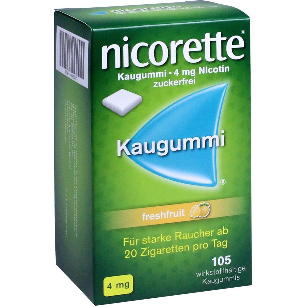Gr&uuml;ne Verpackung von Nicorette-Kaugummi mit 4 mg Nikotin und Freshfruit-Geschmack.