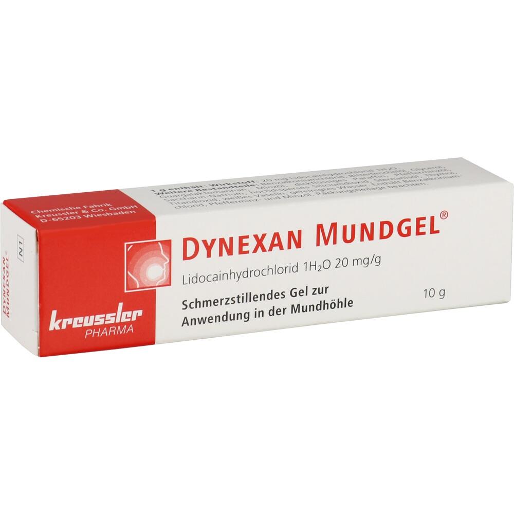 Wei&szlig;e Tube mit rotem Aufdruck "Dynexan Mundgel", schmerzlinderndes Gel f&uuml;r den Mund.