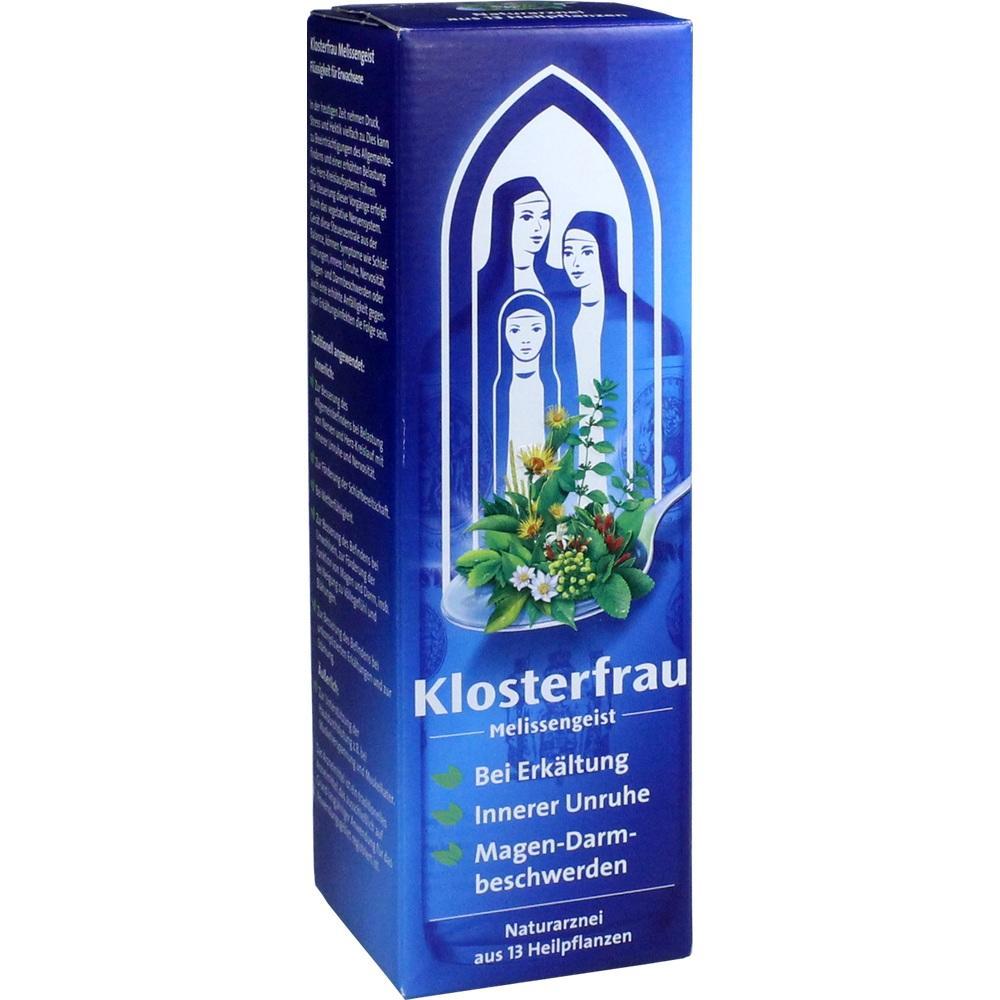 Blaue Packung mit dem Aufdruck "Klosterfrau Melissengeist" und Pflanzenabbildung.