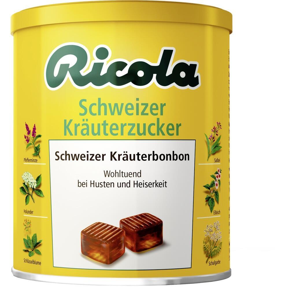 Gelbe Ricola-Dose mit Schweizer Kr&auml;uterbonbons gegen Husten und Heiserkeit.