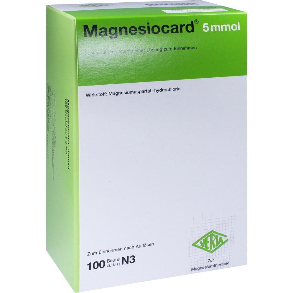 Gr&uuml;ne und wei&szlig;e Verpackung mit der Aufschrift "Magnesiocard 5 mmol".