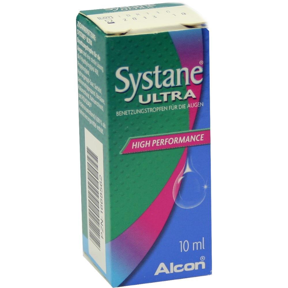Eine gr&uuml;ne Schachtel mit 10 ml Augentropfen namens Systane Ultra.