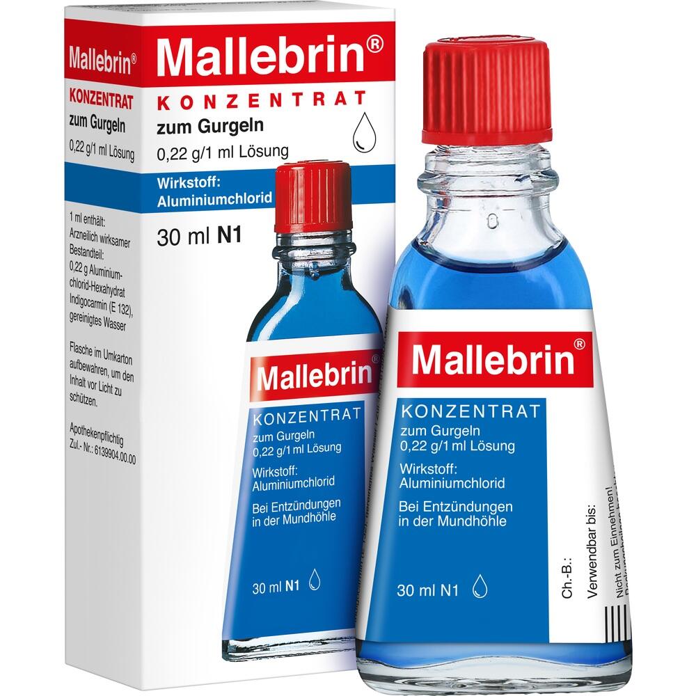 Flasche und Packung von Mallebrin Gurgell&ouml;sung, 30 ml, gegen Mundentz&uuml;ndungen.