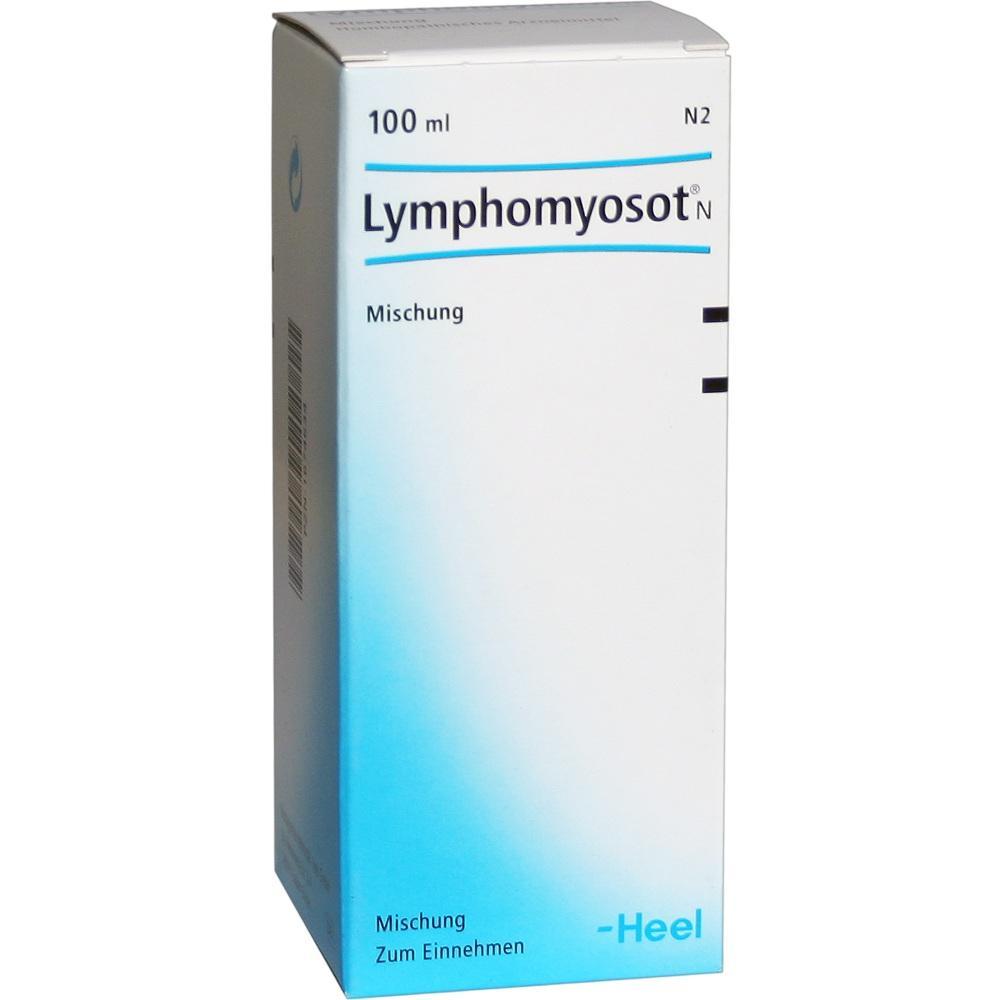 Eine wei&szlig;e Schachtel mit der Aufschrift "Lymphomyosot N" steht aufrecht.