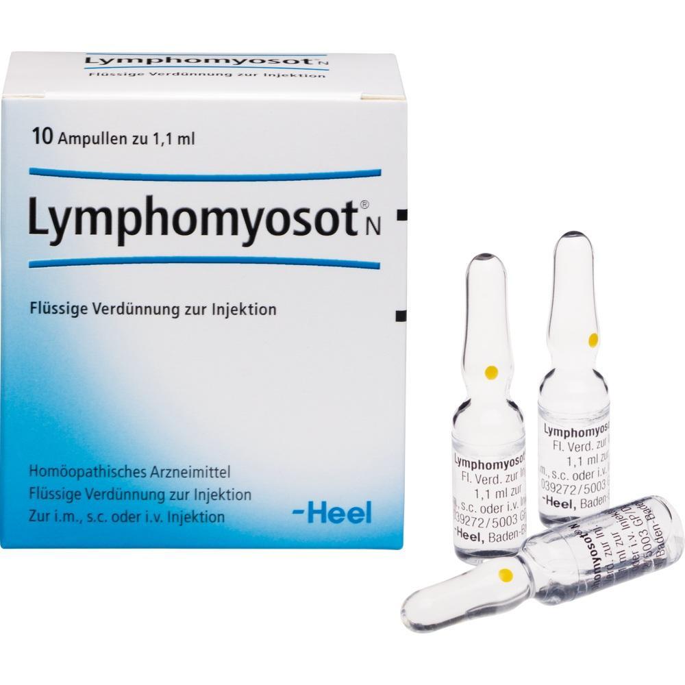 Eine Schachtel und drei Ampullen mit hom&ouml;opathischem Arzneimittel Lymphomyosot zur Injektion.