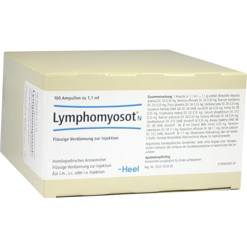 Schachtel mit der Aufschrift "Lymphomyosot", ein hom&ouml;opathisches Arzneimittel zur Injektion.
