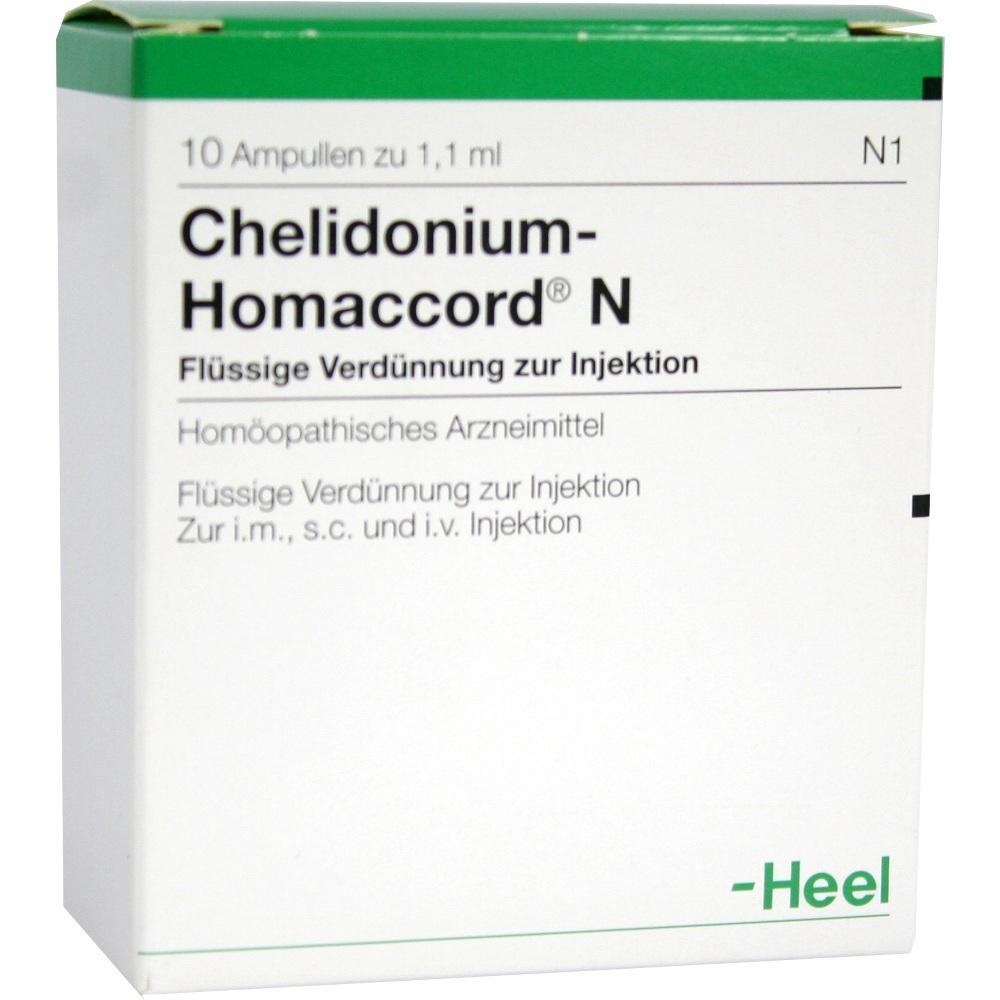 Wei&szlig;e Verpackung mit der Aufschrift "Chelidonium-Homaccord N" von Heel.