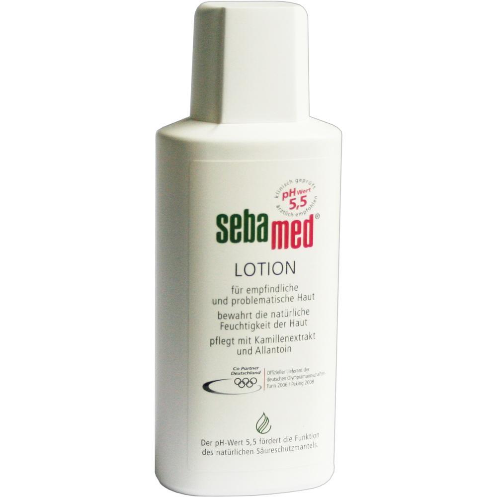 Eine wei&szlig;e Flasche Sebamed Lotion f&uuml;r empfindliche Haut.