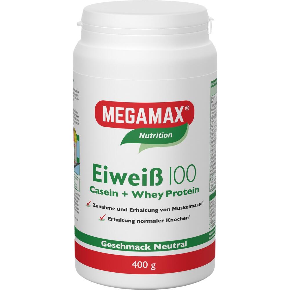 Wei&szlig;e Dose mit der Aufschrift "MEGAMAX Eiwei&szlig; 100, Casein + Whey Protein, 400 g".