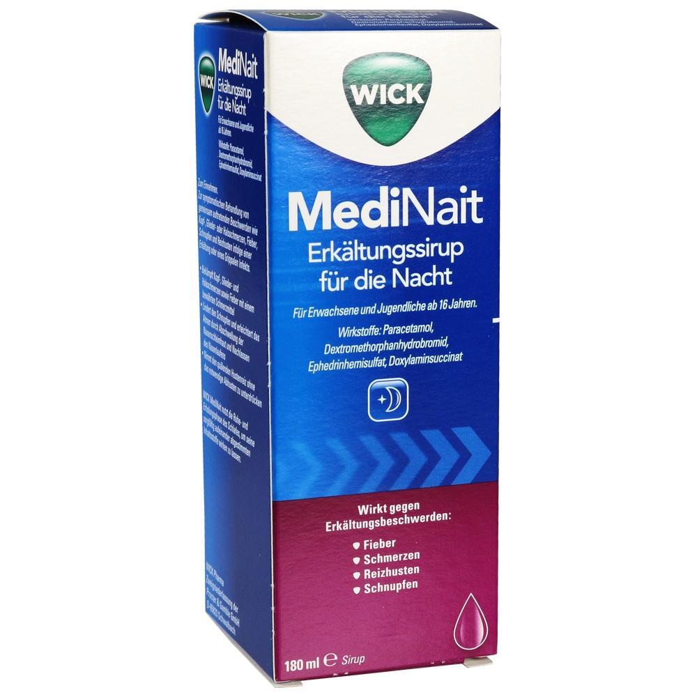 Blaue Verpackung von MediNait-Erk&auml;ltungssirup f&uuml;r die Nacht gegen Erk&auml;ltungssymptome.