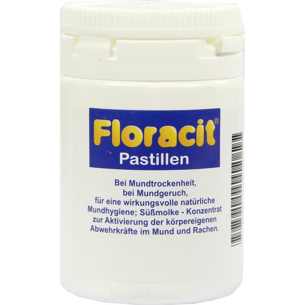 Wei&szlig;e Dose mit der Aufschrift "Floracit Pastillen" zur Mundhygiene.