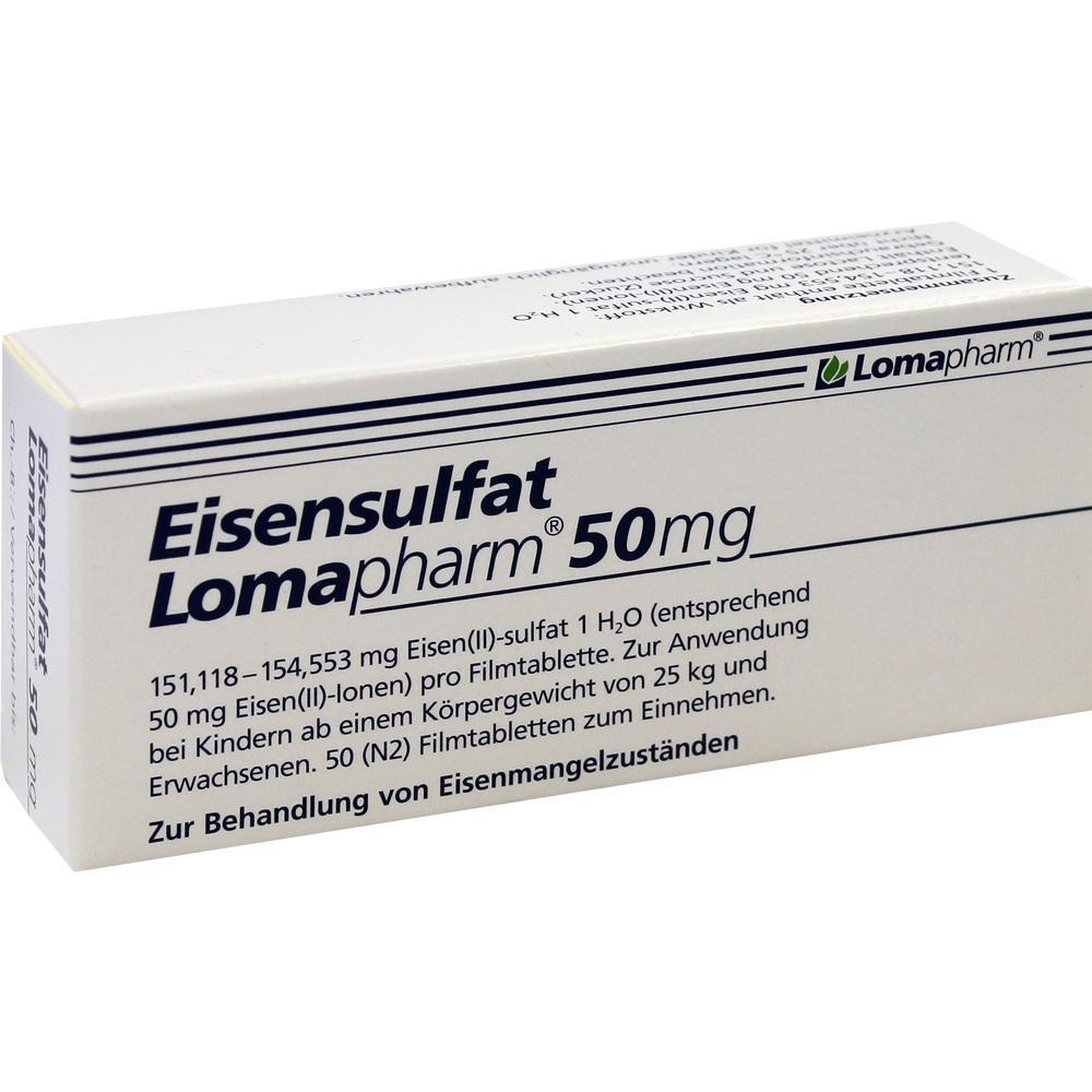 Verpackung einer Eisenpr&auml;parat-Tablette mit 50 mg zur Behandlung von Eisenmangel.