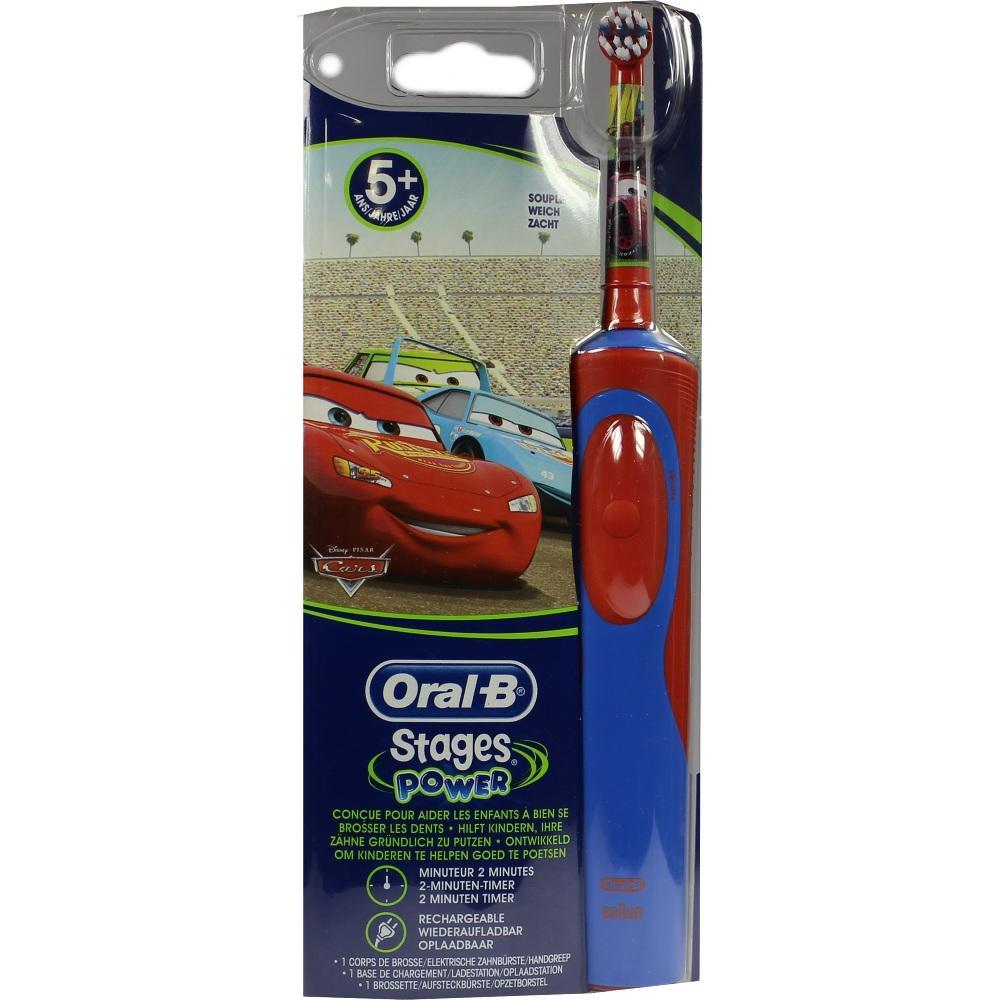 Bunte Kinderzahnb&uuml;rste in Verpackung mit Autos von "Cars" und blau-rotem Griff.