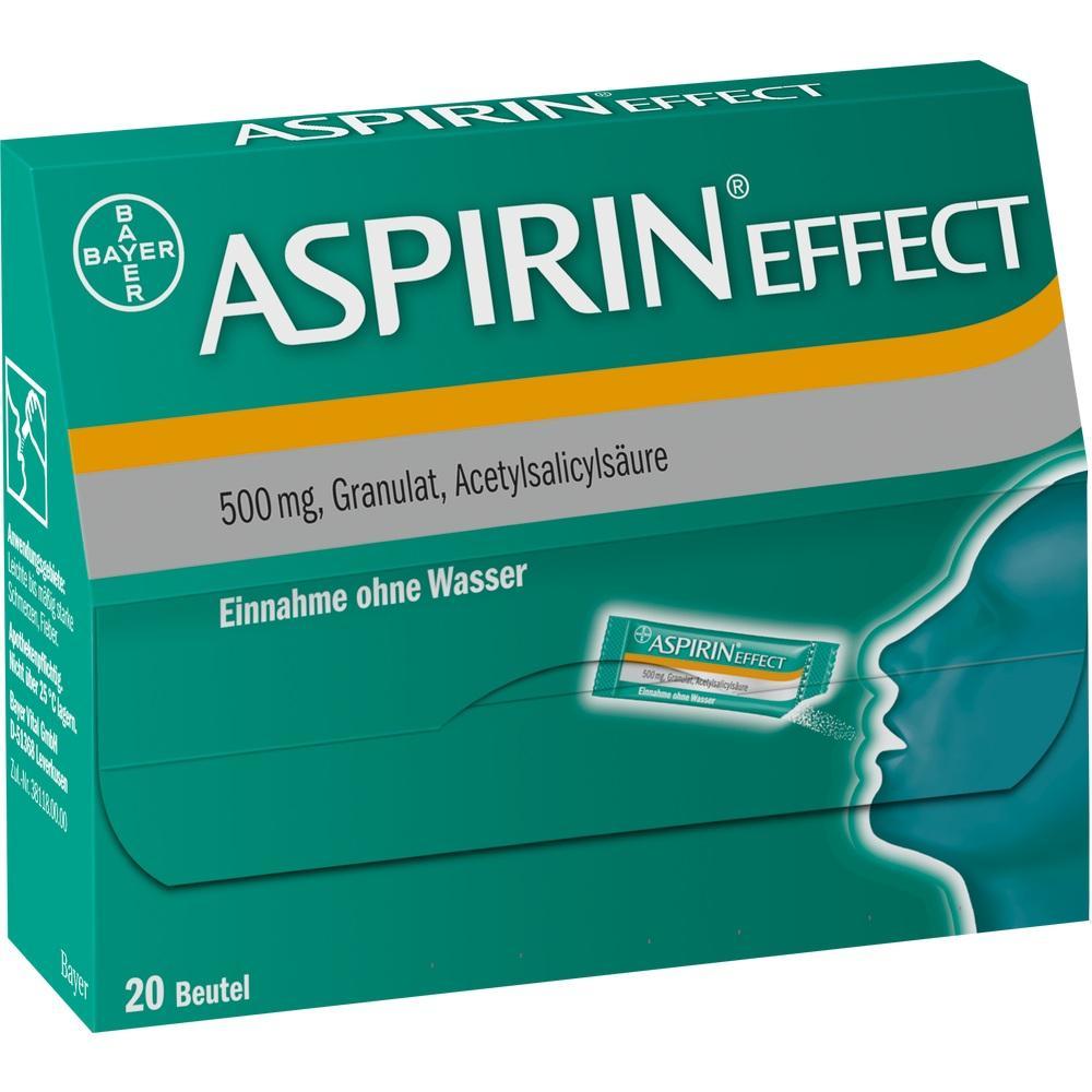 Eine gr&uuml;ne Packung Aspirin Effect Granulat zur Einnahme ohne Wasser.