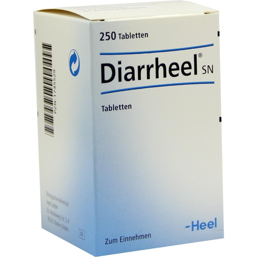 Eine wei&szlig;e Verpackung mit der Aufschrift "Diarrheel SN" und "250 Tabletten".