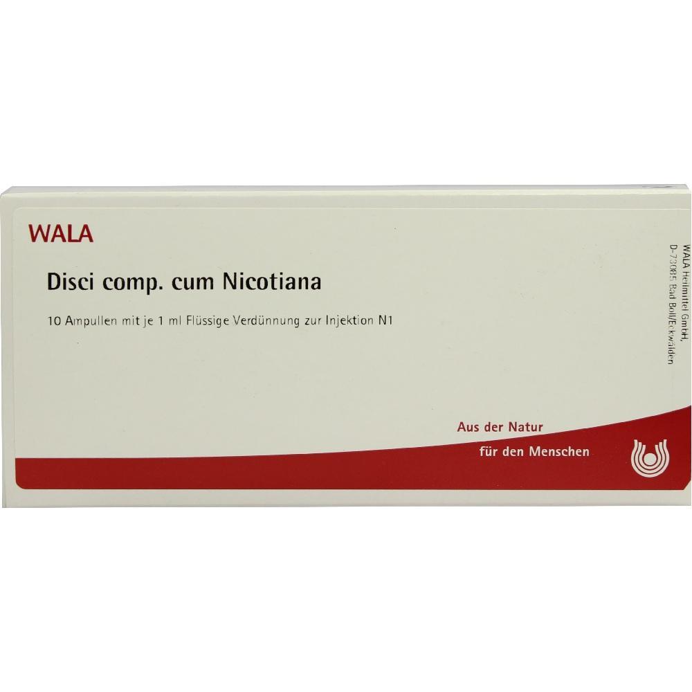 Verpackung mit Ampullen f&uuml;r Injektionen, Produktname "Disci comp. cum Nicotiana".