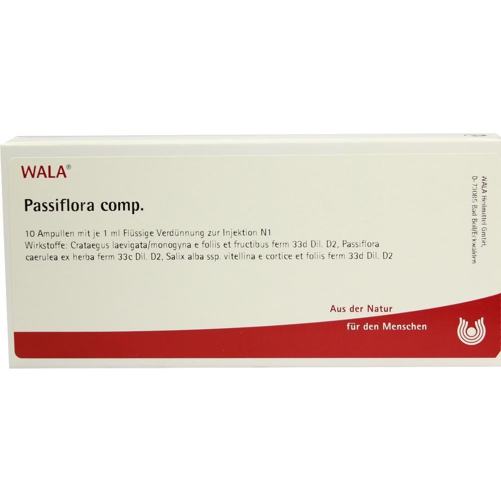 Verpackung von WALA Passiflora comp. mit 10 Ampullen zur Injektion.