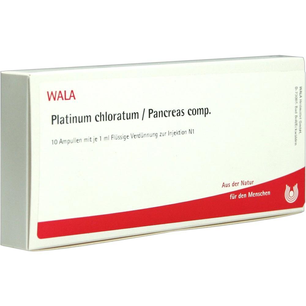 Eine Packung mit Ampullen von "Platinum chloratum / Pancreas comp." von WALA.