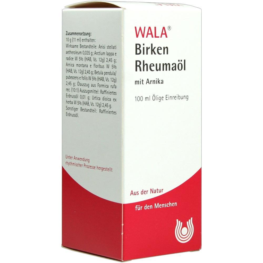 Eine weiße und rote Packung mit der Aufschrift "WALA Birken Rheumaöl".