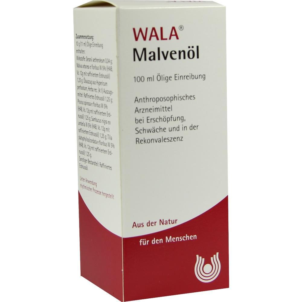 Weiße Schachtel mit dem Aufdruck "WALA Malvenöl", eines Arzneimittels auf Pflanzenbasis.