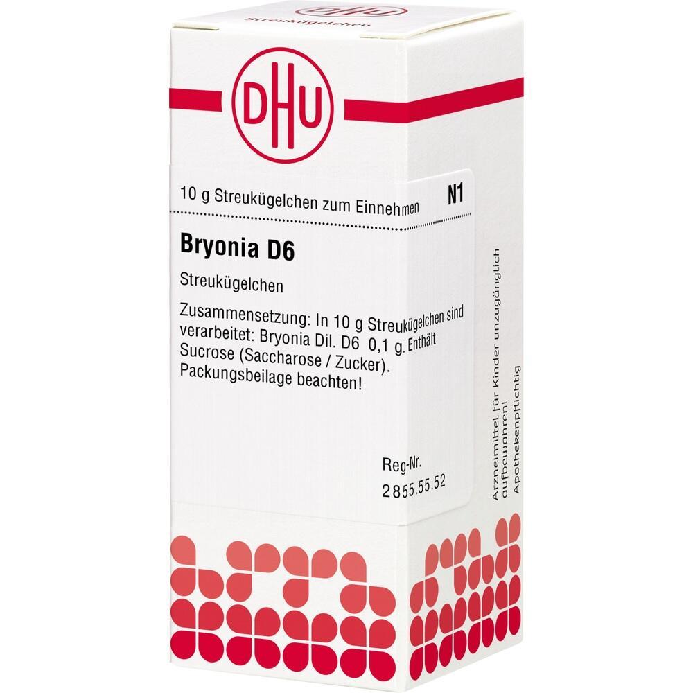 Wei&szlig;e Verpackung f&uuml;r Bryonia D6 Streuk&uuml;gelchen mit rotem DHU-Logo.