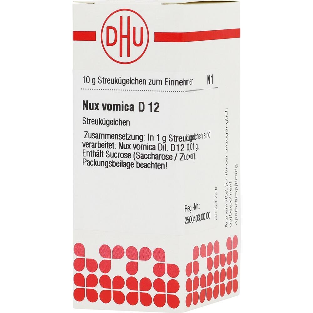 Eine Packung hom&ouml;opathischer Streuk&uuml;gelchen namens Nux vomica D12.