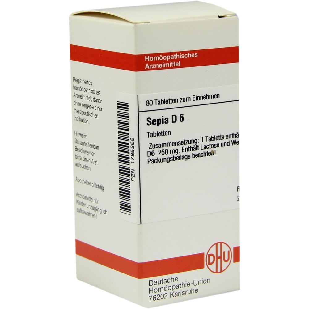Eine Packung hom&ouml;opathische Tabletten mit der Aufschrift "Sepia D6".