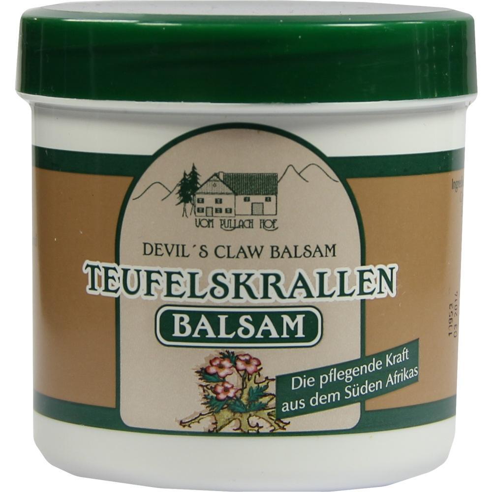 Eine Dose Teufelskralle Balsam mit grünem Deckel und braunem Etikett.