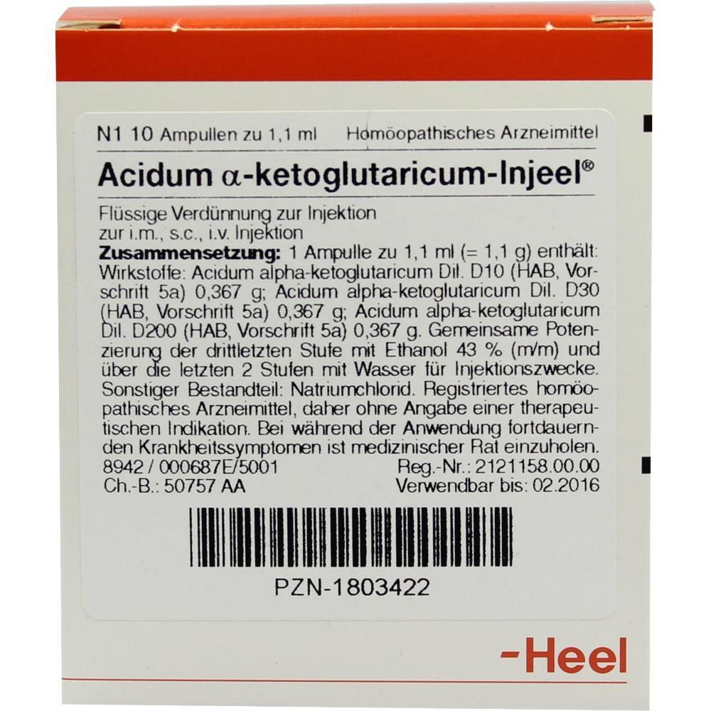 Packung mit 10 Ampullen Acidum ?-ketoglutaricum-Injeel, hom&ouml;opathisches Medikament zur Injektion.